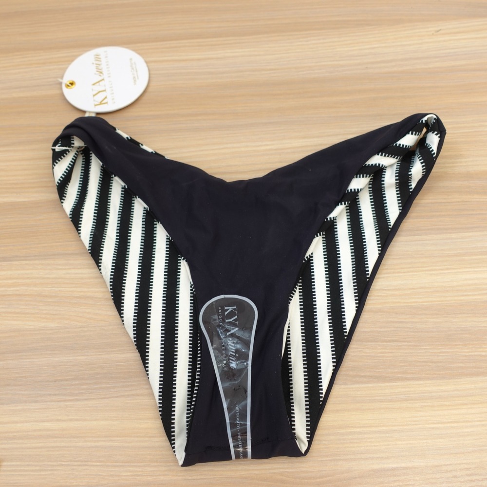 Black Bikini Bottom Women Reversible XS White Resort Classic Stripe KYA Swim NEW